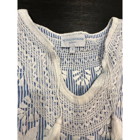 NEW NWT Mi Golondrina Hand Made Tunic Top Blue White size Small - Picture 6 of 9